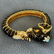 Vintage KENNETH JAY LANE Black Enamel Elephant Rhinestone Clamper Bangle KJL Box