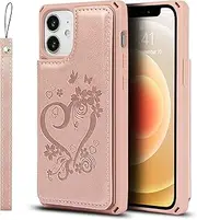 Cavor for iPhone 12 Mini Wallet Case PU Leather TPU Back Cover Flip Magnetic Clasp Heart Flower Butterfly Shockproof Cases Lanyard Card Slots Holder Kickstand-Heart Flower Rose