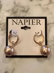 Napier Gold-Tone Hoop Earrings With Faux Pearl Drop Design