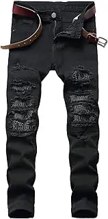 [SWJGLITTR] Men's Patchwork Pleated Jeans Straight Holes Hip Hop Biker Jean Zipper Biker Regular Denim Pants
