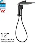 WELS Black 12" Square Rain Handheld Shower Head Gooseneck Arm Mixer Tap Twin Set