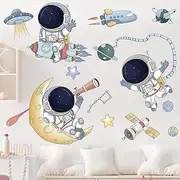 YIXIAMEDIA Astronaut Wall Stickers, Planet Space Walk Spaceship DIY Art Vinyl Removable Murals Wall Decals, Cartoon Spaceman Cosmonaut Art Decorations for Kids Boys Bedroom Playing Room