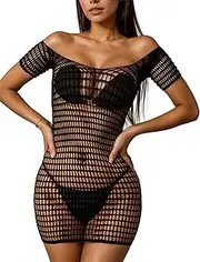 [Fanmorph] Off-Shoulder Fishnet Dress, See-Through Mesh Teddy Lingerie Chemise, Badydoll Bodysuit with Short Sleeve - Sexy Bodycon Fishnet Skirt, Black, One Size