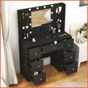 Wood Dressing Table Bedroom Make up Vanity Desk Set w/ 10 LED Bulbs Mirror Black