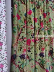 2 PC INDIAN VINTAGE COTTON VELVET CURTAIN DRAPE WINDOW DECOR GREEN DOOR CURTAIN