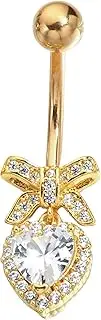 [B BodyPJ Sparkles] Peach Heart Bow Stainless Steel CZ Dangle Navel Piercing Barbell Belly Button Rings For Women