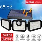 3 Head Solar Motion Sensor Light 74LED Outdoor Garden Wall Security Flood Lamp