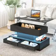 Advwin Lift up Top Coffee Table with Hidden Storage & Drawers RGB LED Lights Wooden Tea Table Black