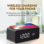 Modern Wooden Wood Digital LED Desk Alarm Clock Thermometer Wireless Charger