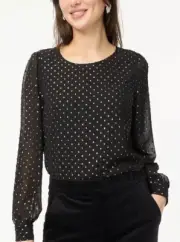 J Crew Clip Dot Blouse Womene XXS Petite Black Shimmer Gold Sheer Top NWT