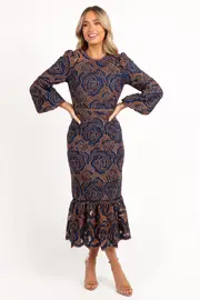[PUP99] Pierre Long Sleeve Lace Maxi Dress - Navy XS navy