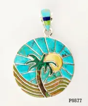 REVERSIBLE GENUINE TURQUOISE CELESTIAL .925 STERLING SILVER PALM TREE PENDANT