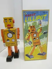 OLD METAL TIN WINDUP LILLIPUT MS393 ROBOT WORKS SPACE TOY ORIGINAL BOX