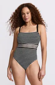 Lands' End Crochet Square Neck High Leg One Piece Swimsuit in Black/white at Nordstrom, Size 8