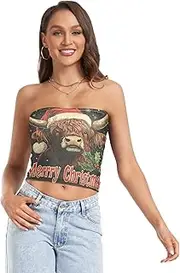 [RPLIFE] Highland Cow with Santa Hat Cropped Tube Top Mesh Tube Tops, Strapless Tank Top, Beach Tube Tops (S)