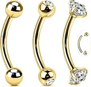 [BodyAce] 14G Eyebrow Rings Belly Bars, Surgical Steel Tragus Earrings Curved Navel Barbell, Gold Rook Piercings Snake Eyes Jewelry for Tongue Industrial