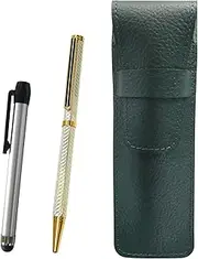 SASMG-ALST-6KSBP-S Grain Leather Pencil Case Moss Green Metal Touch Stick Silver and Brass Hex Rotating Holi Gold Ballpoint Pen Set Silver