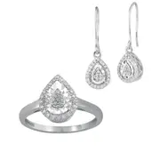 Mirage Pear Halo Ring and Drop Hook Earrings Set with 1/4ct of Diamonds in Sterling Silver