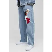 Mens Light Blue Relaxed Cross Crochet Applique Jeans
