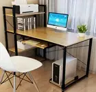 Genius Large Workstation Wood & Steel Computer Desk with Storage Shelves Natural