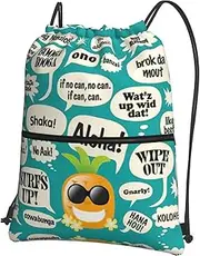 EdWal Hawaiian Slogans Print Drawstring Backpack Gym Bags Sports Bags With Zipper Pocket For Travel Beach, Black, One Size