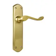 Tradco Windsor Door Lever Handle on Long Backplate Unlacquered Polished Brass