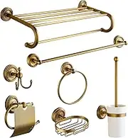 7 Piece Antique Brass Gold Bathroom Accessories Set - TooCust Brushed Brass 24” Towel Holder - Wall Mounted Bathroom Hardware Kit