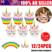 24-48Pcs Unicorn Cupcake Toppers Wrappers Birthday Party Cake Bunting Lolly AU