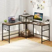 Costway2-Person L-shaped Desk with Printer Stand and Adjustable Shelf-Rustic Brown