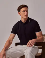 Hawes & Curtis Navy Tipped Mercerised Cotton Polo Shirt | Short Sleeve Size: Large