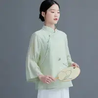 在飛比找樂天市場購物網優惠-茶服女禪意文藝中國風套裝秋季改良漢服復古唐裝女盤扣上衣茶藝服