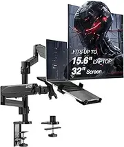 Laptop and Monitor Stand with Long Pole for 15.6" Notebook and 32" Monitor, Dual Full Motion Adjustable Arms, VESA Desk Mount for Workspace Organisation - Black