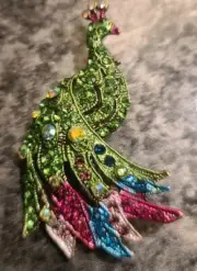 Handmade ~ Peacock ~ Pin/Brooch ~ Multicolored Gemstones ~ Goldtone Jewelry