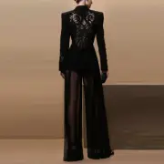 Womens 2025 Spring New Fashion Mesh Splicing Nail Bead Suit Jacket Chiffon Pants
