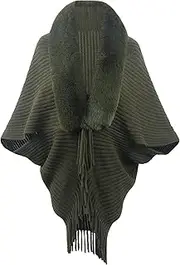 [Generic] Women Knitted Shawl Wrap Fringe Hem Cape Cloak Faux Fur Collar Cardigan Sweater Open Front Batwing Sleeve Outerwear