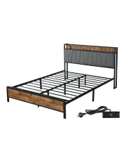[Levede] Double Metal Wooden Base Bed Frame inGrey