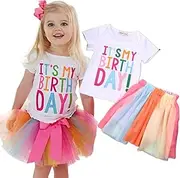 [LXXIASHI] 2PCS Baby Girl Birthday Outfits Short Sleeve Letters Patchwork Shirt + Colorful Strips Mesh Skirts Sets