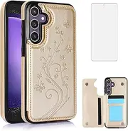 [Asuwish] Phone Case for Samsung Galaxy S23 FE 5G with Tempered Glass Screen Protector and Card Holder Wallet Cover Stand Flip Leather Cell Accessories S 23 FE S23FE5G S23FE 23S G5 Women Golden