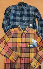2 Boy's Youth Volcom Caden Plaid Long Sleeve Button Up Cotton Flannel Shirts New