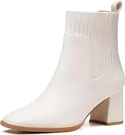 [Coutgo] Women's Slip On Ankle Boots Chunky Block Heel Square Toe Splicing Dress Sock Booties