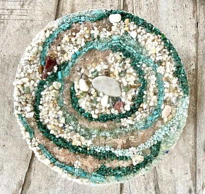 Mixed Media Mosaic 12” Round Wall Art, Glass, Stone, Turquoise, Peach,white