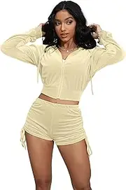 [Wryran] Women's Velour Sweatsuits Outfits zip up hoodies Crop Top Long sleeves shorts Sexy Velvet Tracksuit Workout 2 Piece Set