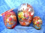 3 Paper Mache' Eggs (Two Chicks/Bunny) Made in E. Germany - Wallpaper Interior