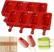 Vinsani Silicone 2 x 4 Cavity Ice Lolly Makers with 100 Sticks, Food Grade BPA Free Ice Cream Mould for Frozen Popsicle Tray DIY Layer Tray - Red