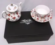 Victorian Trading Co Red Roses Chintz Teapot Cup & Saucer Service for 1 NIB