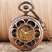 Vintage Flower Hollow Self Winding Women Automatic Mechanical Pocket Watch Chain