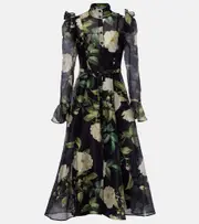 [Leo Lin] Leo Lin Katrina floral linen-blend midi dress UK 6 black
