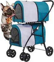 Double Dog Pram Stroller, 2 Layers Pet Cat Dog Stroller Travel Carrier 4 Wheel Pet Stroller Pushchair Lightweight Pet Strollers for Dogs and Cats, Great for Twin or Multiple