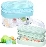 webake Round Silicone Ice Cube Trays for Freezer with Lid and Bin, 2 Pack Ice Mold+1 Bin, Easy Release Small Ice Ball Maker Circle Ice Cube Tray for Drinks Coffee Tea,Blue,Clear,Green