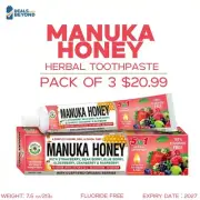Organic Manuka Honey Herbal Toothpaste, Natural, 5-in-1, Fluoride-Free, 3-Pack